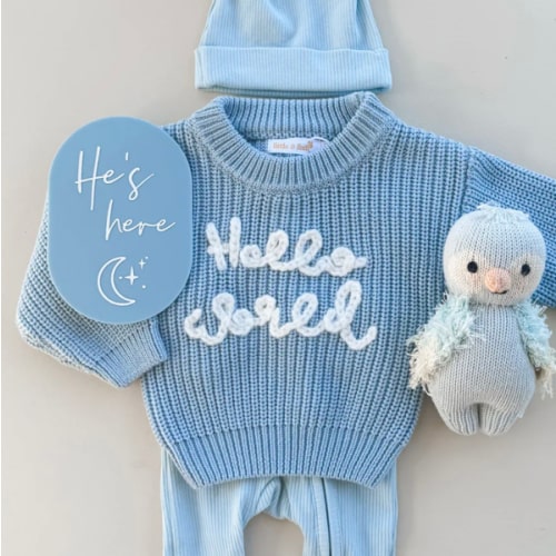 'Hello World' Chunky Knit Jumper | Blue – Little and Fern