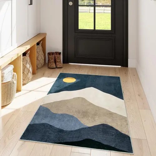 Abstract Entryway Rug, 3x5 Washable Rug for Bedroom Low Pile Non Slip Laundry Room Rug, Boho Super Soft Kitchen Rug Foldable Area Rugs for Floor Front Door Bathroom(Blue)