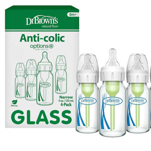 Dr. Brown's Anti-Colic Options+ Narrow Glass Baby Bottle with Level 1 Slow Flow Nipple, BPA-Free, 4 oz/120mL, 4-Pack