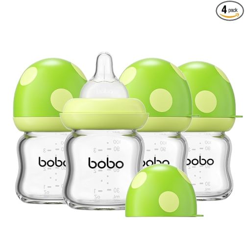 YOHKOH Natural Glass Baby Bottle with Level 1 Slow Flow Nipple, Newborn Anti-Colic Baby Bottles, Wide Neck Mushroom Baby Glass Bottle (Green, 3.4oz (Pack of 4))