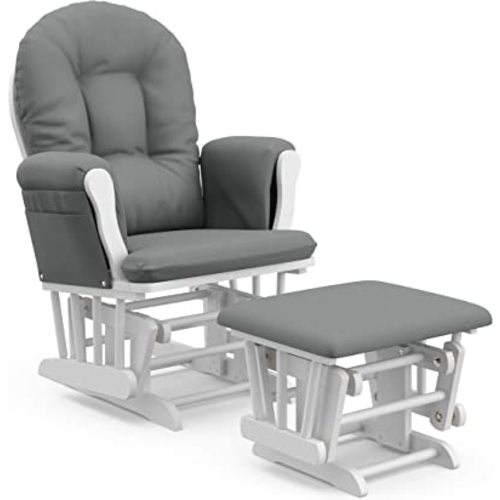 Storkcraft Premium Hoop Rocking Glider and Ottoman (White with Gray Cushion) – Padded Cushions with Storage Pocket, Smooth Baby Rocking Motion, Nursery Feeding Chair, Easy to Assemble