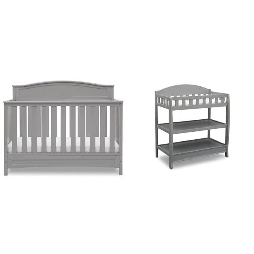 Delta Children Emery 4-in-1 Convertible Baby Crib - Greenguard Gold Certified, Grey & Infant Changing Table with Pad, Grey