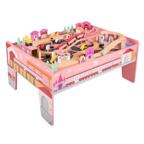 Hey Play 75PC Wooden Train Set with Table, Pink