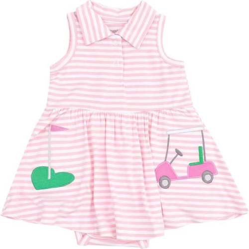 Polo Collar Bodysuit Dress with Applique - Golf Pink Mini Gingham, Pink - Angel Dear | Maisonette