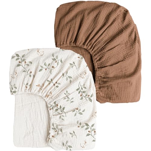 Konssy Muslin Crib Sheets 2 PCS, 100% Cotton Baby Crib Sheets for Standard Crib Mattress (28"x 52"), Soft and Breathable for Boys, Girls (Rabbit,Chestnut)
