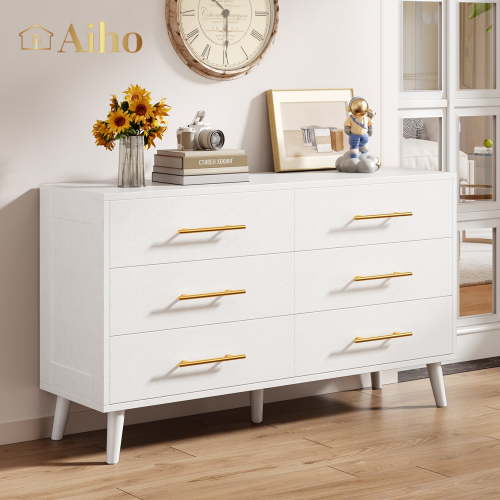 Aiho Modern 6 Drawer Wood Dressers, Wide Chest of Drawers with Metal Handles for Living Room,Bedroom , White