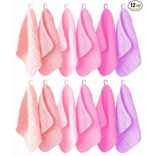 12 Pack Muslin Washcloths for Baby - 100% Cotton Baby Wash Cloths for or Baby Face Body Comfy and Soft for Newborn Infants Kids Girls and Boys - 12"x12" - Pink, Purple and Sakura Series