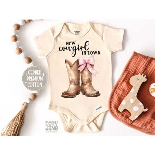 New Cowgirl In Town Baby ONESIES® Brand Bodysuit Baby Girl Coming Home Outfit Cow Girl Western Theme Baby Shower Gift Cowboy Boots Baby Girl