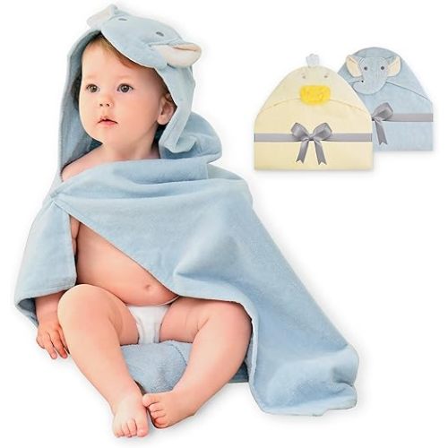 Viviland 2 Pack Hooded Baby Towels, Soft 100% Cotton Baby Bath Towels with Hood, Extra Thick and Absorbent, Essential for Newborns, Kids, Infants - Girls and Boys (Blue Elephant & Duck)
