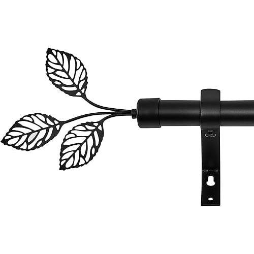 RYB HOME Black Curtain Rod 1 inch Diameter, Rustic Farmhouse Standard Decorative Window Curtain Rod with Leaf Finial 48 to 86 inch Length for Kitchen Bedroom Living Room, Matte Black