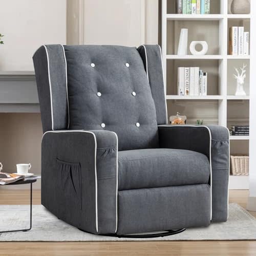 Oprisen Swivel Rocker Recliner Chair, Upholstered Glider Chair for Nursery with Cup Holders, Manual Nursery Reclining Rocking Chair