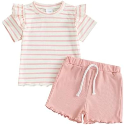 Kupretty Toddler Baby Girl Summer Clothes Ruffle Ribbed Knit Short Sleeves T-Shirt Tops + Shorts Cute Outfits Set