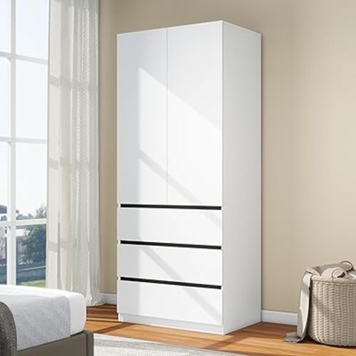 Wooden Wardrobe Closet with 2 Doors: 75" Bedroom Armoire Wardrobe Closet with 3 Drawers, White Cabinet with Hanging Shelves, Large Storage Cabinet (Modern, 1)