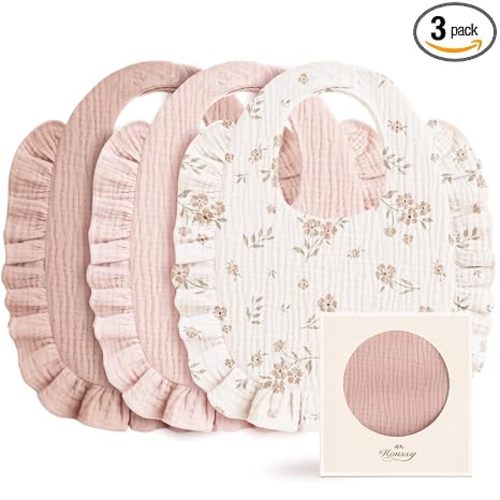 Konssy 3-Pack Muslin Baby Girl Bibs, 100% Cotton with Ruffle Trim