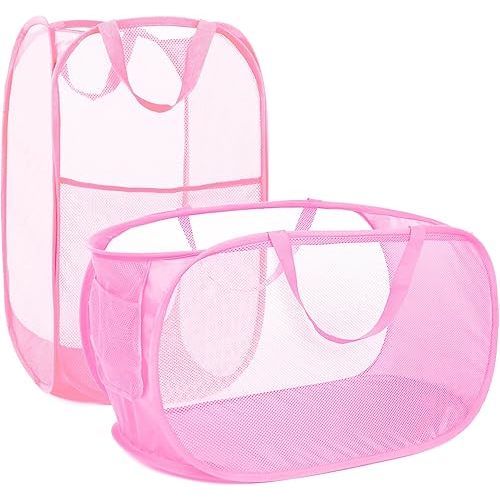 2 Pcs Durable Collapsible Laundry Baskets - Reinforced Mesh Pop Up Laundry Hamper with Pocket, Foldable Dirty Clothes Hamper with Carry Handles for Laundry, Bathroom, Kids Room, Dorm or Travel Pink