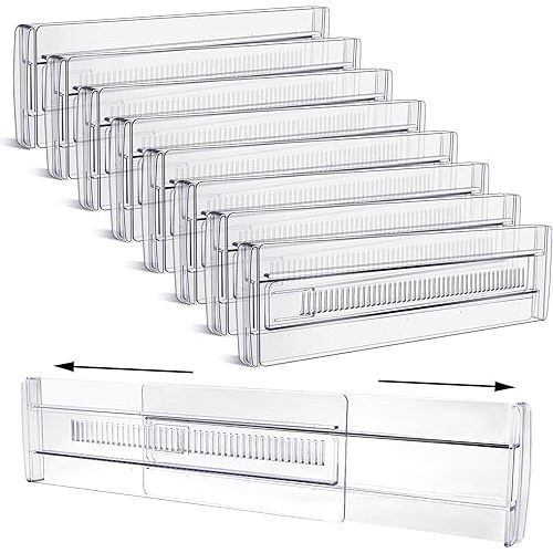 Drawer Dividers, 8 Pack Adjustable Drawer Organizers 3.2" High Expandable from 11.3-20" Clear Expandable Dresser Organizer for Clothes Kitchen Utensils Cutlery Drawer Organizers Set