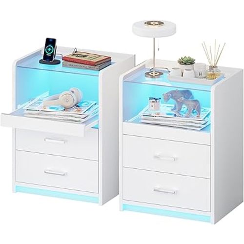 VIAGDO White Nightstand Set of 2 with Charging Station and LED Lights, 2 Drawers LED Night Stand with Tempered Glass Tabletop, Modern End Side Tables with Pull-Out Tray, Open Storage Bedside Tables