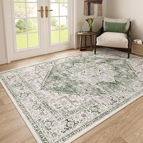 LIVEBOX 6x9 Sage Green Rug for Living Room- Large Oriental Rug for Bedroom, Non-Slip Retro Dining Room Rugs for Under Table, Low-Pile Soft Vinatge Rug for Office Guest Room