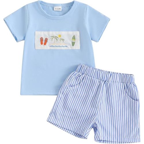 12M Baby Boy Summer Outfit Short Sleeve Embroidered T Shirt Tees + Striped/Plaid Shorts Infant Clothes Set