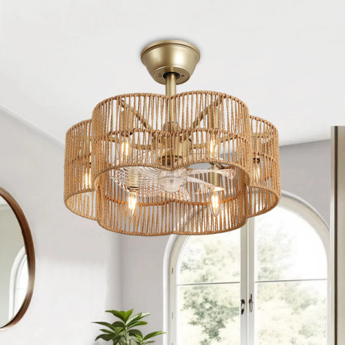 19.7" Hand-Woven Rattan Ceiling Fan with Remote and Light