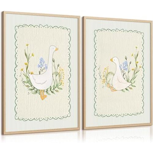 Vintage Nursery Goose Wall Art Decor Baby Girl Room Canvas Poster Sage Green Nursery Art Prints Silly Goose Wall Decor Sweet Floral Painting Boys Animal Pictures for Bedroom 12x16 Inch Unframed 2pcs