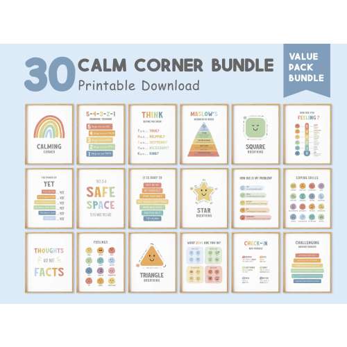 Set of 30 Calming Corner Posters, Calm Down Printable, Educational Wall Art, Classroom Decor, Feelings Chart, Coping Skills,DIGITAL DOWNLOAD