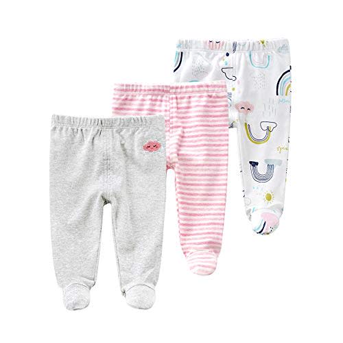 Teach Leanbh Newborn Baby 3 Pack Footed Pants Cotton Embroidery Pringting Casual Leggings 0-12 Months