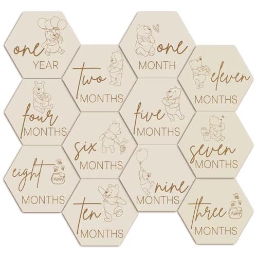 Winnie Baby Announcement Sign Newborn Sign Wooden Hexagon Announcement Sign For Photo Prop Baby Shower Nursery Gift（12PCS）