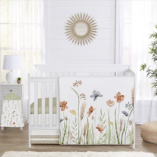 Sweet Jojo Designs Boho Floral Garden Flower Girl Baby Crib Bedding Set Infant Nursery Blanket Fitted Sheet Skirt Sage Green Watercolor Bohemian Floral Vintage Shabby Chic Farmhouse Nature Fringe 4pc