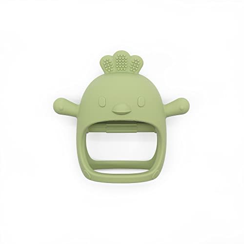 Chick Shape Baby Teething Toys, Never Drop Hand Wrist Teether, Baby Chew Toys for Sucking Needs, Food-Grade Silicone Baby Mitten Teether for Soothing Teething Pain Relief, Easy to Grip(Olive Green)