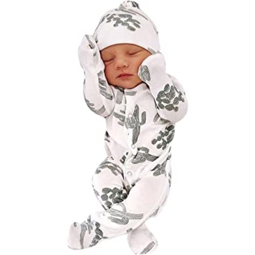 Newborn Baby Boys Girls Bodysuit 2 Piece Set Infant Cactus Print Romper Jumpsuit Hat Outfits Sets
