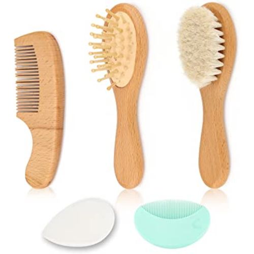Baby Hair Brush and Comb Set, 5 in 1 Wooden Natural Goat Bristles Brush Cradle Cap Comb Baby Grooming Kit for Newborns Toddlers Boys Girls Gift (5 in 1 White)