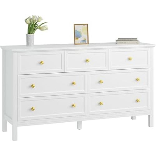 CARPETNAL White Dresser for Bedroom, 7 Drawer Dresser with Wide Drawers and Gold Metal Handles, 55" White and Gold Dresser TV Stand, Modern Dressers & Chests of Drawers for Hallyway, Entryway.