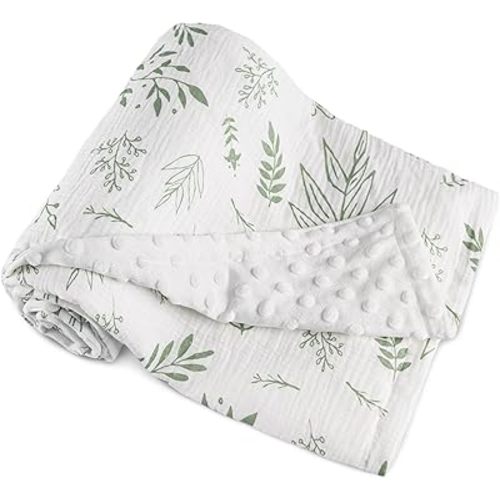 GLLQUEN BABY Blankets for Unisex Boys Girls, 2-Pack Muslin Cotton Front Soft and Breathable, and Dotted Fleece Backing, Printed Bed Nursery Minky Blankets for Toddler Newborn, Greenery,30 x 40 inches