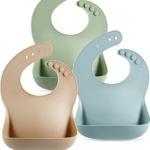 PandaEar Set of 3 Silicone Baby Bibs Waterproof, Soft, Unisex, 10-72 Months (Brown/Blue/Green)