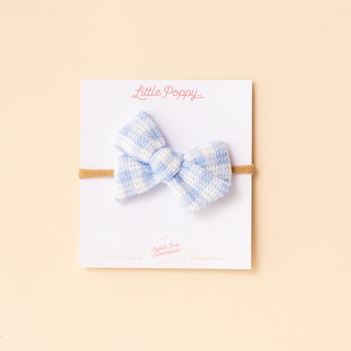 Blue Gingham Knit Headband Bow