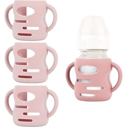 3 Pack Silicone Sleeves Compatible with Dr Brown Wide-Neck Glass Baby Bottles 5oz, 9oz, 100% Silicone Handles for Sippy Cups for Toddlers 1-3,Anti Breakage (Pink, 5 OZ)