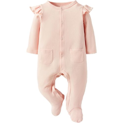 Minicoco Baby Girls Ruffled Sleeve Footed Romper - 100% Cotton Snap Outfit for 0-12 Months
