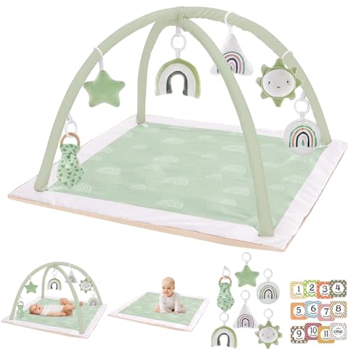 Washable Tummy Time Mat, Baby Play Gym with 6 Featured Toys, Baby Gym for Infant & Toddler, Larger Baby Play Mat, Deluxe Baby Play Mats for Floor, Sensory and Motor Skill Development, Non Slip, Green