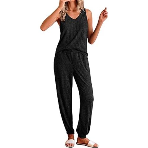 Ekouaer Women's Pajamas Sleeveless Summer Lounge Set Ribbed Knit Pj Loungewear Soft Tank Sleepwear Nightwear S-XXL