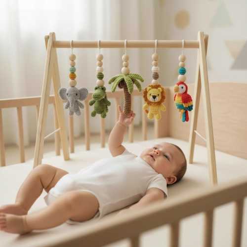 Handmade Custom Safari Baby Play Gym Toys | Personalized Jungle Animals Set