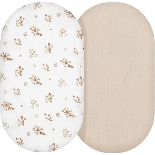 Muslin Bassinet Sheets, Baby Boy and Baby Girl Sheets, Soft Breathable Stretchy Baby Pad/Sheet Set, Universal for Any Mattress, Rectangle, Oval, Hourglass,33''x17''2 Pack (Floral, Beige