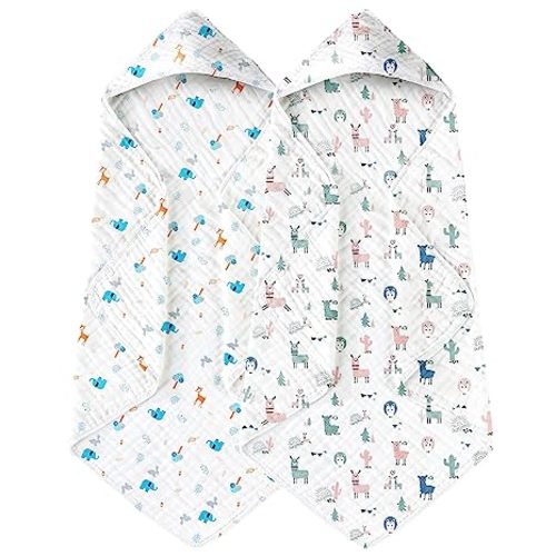 Yoofoss Hooded Baby Towels for Newborn 2 Pack 100% Muslin Cotton Baby Bath Towel with Hood for Babies, Infant, Toddler and Kids, Large 32x32Inch, Soft and Absorbent Newborn Essential - Alpaca and Elephant