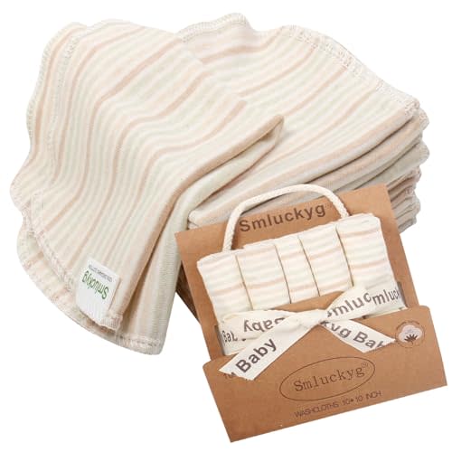 Smluckyg 10 Pack Ultra-Soft Organic Baby Washcloths & Face Towels - Lightweight & Reusable for Newborns, Toddlers & Kids, Gentle on Delicate Skin, Family Use (Stripes)