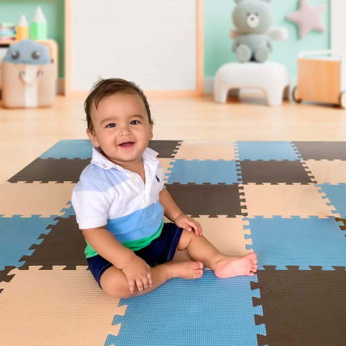 MioTetto Non-Toxic Foam Play Mat for Babies & Kids, Interlocking Puzzle Tiles, Blue-Brown-Beige, 18 Pieces Perfect for Tummy Time, Crawling, Nursery, Playroom, or Gym