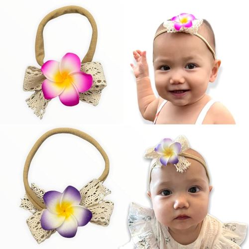 2 Pack Handmade Hawaiian Plumeria Flower Headband for Babies Baby Girls (Lilac + Dawn Pink)