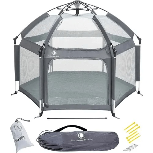 POP 'N GO Baby Playpen - Indoor & Outdoor Playpen for Babies and Toddlers - Baby Beach Tent, Foldable, Portable W/Canopy, Travel Bag, & Mosquito Net - Pop Up Pack and Play Tent (Anchor Grey)