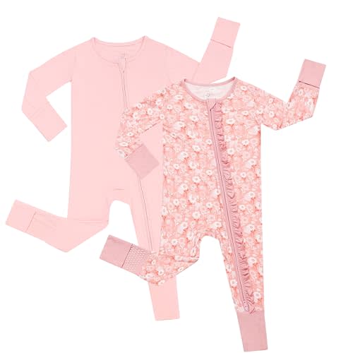 JunNeng 2Pcs Baby Girl Viscose from Bamboo Sleeper with Mitten Cuffs, 2 Way Zipper Romper, Sleep N' Play Pjs 0-18 Months