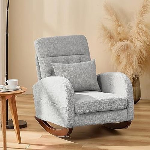 Nursery Rocking Chair, Upholstered Comfortable Glider, High Back Living Room Chair with Side Pocket & Rubber Wood Legs, Ideal for Bedroom & Baby Nursery, Teddy Gray