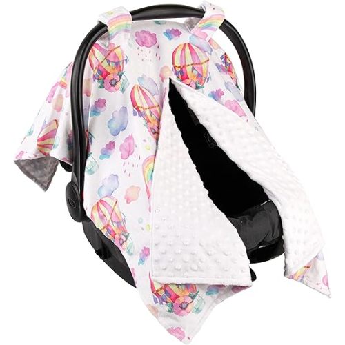 Top Tots Deluxe Minky Baby Car Seat Cover - Rainbow Balloon and Clouds, 40 x 29 Inch White
